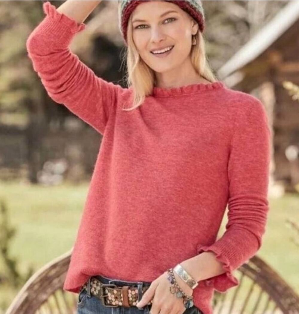 Sundance Ruffle Neck Pullover Sweater Womens PM Coral Long Sleeve Boho